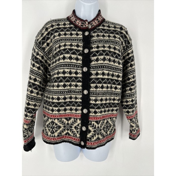 Vtg L.L. Bean Wool Blend Nordic fair isle Cardigan Silver‎ Buttons Sz XS USA - Picture 1 of 7